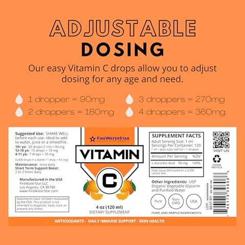 FIREWATERSTAR HEALTH SUPPLEMENTS - FWS Liquid Vitamin C – Suplemento de Vitamina C Líquida Bioativa para Adultos e Crianças – Orgânico, Vegano, Ácido Ascórbico Puro – Saúde da Pele, Suporte Imunológico e Antioxidantes