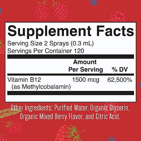 MaryRuth Organics - Spray de Vitamina B12 Orgânica USDA | Líquido de Vitamina B12 Orgânica em Spray | Suplemento de Vitamina B12 Líquida para Função do Sistema Nervoso | Vitamina B12 Líquida para Suporte Energético | Vegano | Não-OGM | 30ml