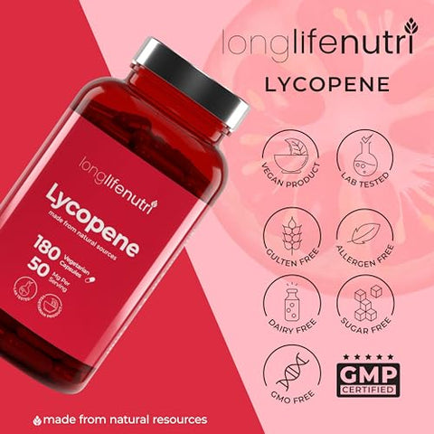 LongLifeNutri - Lycopene 50mg 180 Cápsulas Vegetarianas | Suplemento Saúde | Extrato Natural de Tomate Não-OGM | Pó Puro
