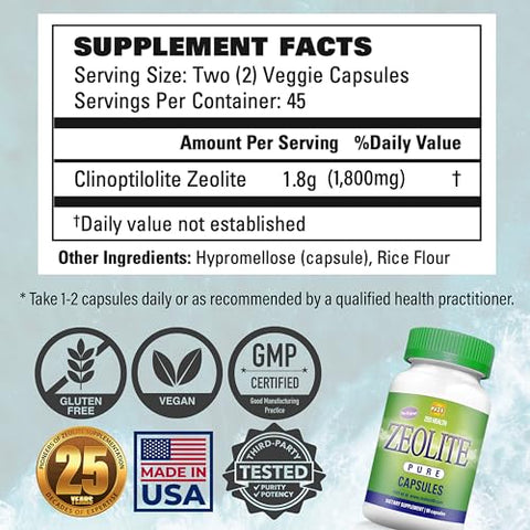 Zeo Health - Zeolite Pure Capsules | Detox de Zeolite, Extra Forte | Limpeza Completa do Corpo para Mulheres, Homens | Pó de Clinoptilolita Orgânica Ativada, Grau Alimentício 94%%, 90 Cápsulas (81g), 6