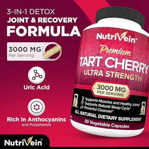 Tart Cherry Capsules 3000mg – 90 Vegan Pills – Alívio da Dor, Recuperação Muscular, Flavonoides – Limpeza do Ácido Úrico, Suplemento de Extrato de Suco - Nutrivein