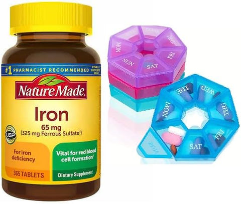 Textila - Nature Made Ferro 65 mg (325 mg Sulfato Ferroso) Comprimidos, Suplemento para Suporte de Células Vermelhas do Sangue, 365 Comprimidos, Kit de 365 Dias com Organizador Semanal de Pílulas
