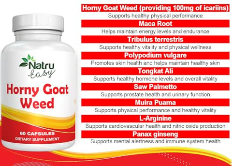 NATRU EASY - Horny Goat Weed 9 em 1 | Fórmula Avançada Não GMO | Extratos Finos de 9 Ervas Naturais | Testado por Terceiros | Fabricado nos EUA