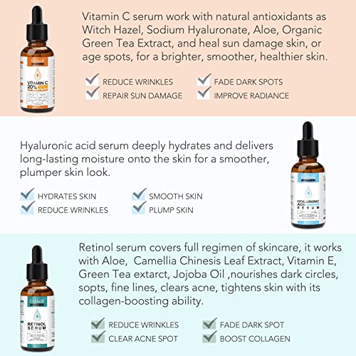 ELBBUB - Sérum Facial Anti-Idade 3 em 1: Vitamina C, Retinol e Ácido Hialurônico – 3 Frascos de 30ml cada (90ml no total)