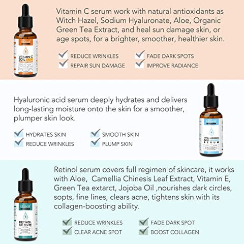 ELBBUB - Sérum Facial Anti-Idade 3 em 1: Vitamina C, Retinol e Ácido Hialurônico – 3 Frascos de 30ml cada (90ml no total)