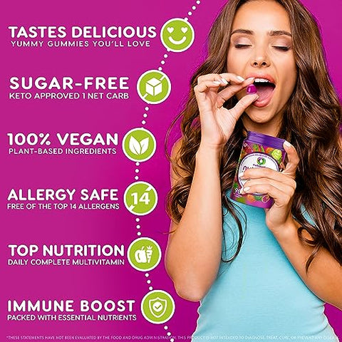 Nutracelle - NUTRAMIN Gomas Multivitamínicas Veganas Diárias Keto com Vitamina C, D2 e Zinco para Imunidade, à Base de Plantas, Sem Açúcar, Sem Nozes, Sem Glúten, com Biotina, Vitaminas A, B, B6, B12