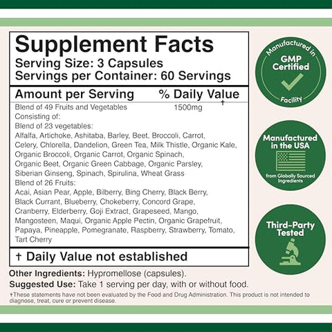 Double Wood Supplements - Suplemento de Frutas e Vegetais (Mistura Diária de 49 Frutas e Vegetais Diferentes, 23 Vegetais e 29 Frutas) 1.500mg por Porção, 180 Cápsulas (Sem Aditivos, Vegano, Não-OGM)