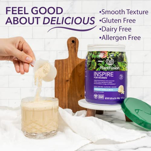 Inspire – Pó de Proteína Vegetal para Mulheres – Baixo Carboidrato para Suporte Muscular Magro – Keto, Sem Glúten, Sem Soja, Sem Laticínios, Sem Açúcar, Não-OGM – Baunilha Cremosa – 500g - PlantFusion