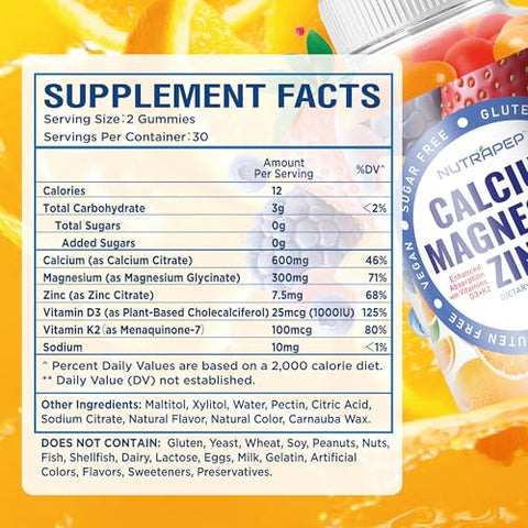 NutraPep - Gomas de Suplemento de Cálcio Magnésio Zinco – com Vitamina D3 K2 Magnésio Glicinato – Sabor Laranja e Frutas Vermelhas Veganas Sem Açúcar e Sem Glúten para Homens Mulheres Crianças