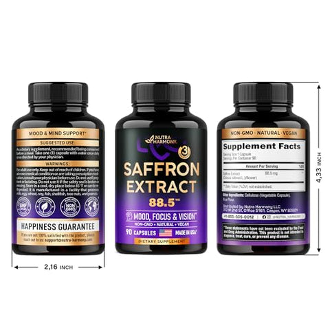 NUTRAHARMONY - Suplementos Naturais de Açafrão – Extrato Puro de Açafrão 88,5 mg – Fabricado nos EUA – Suporte para Humor, Foco, Visão e Energia – Saúde Ocular para Mulheres