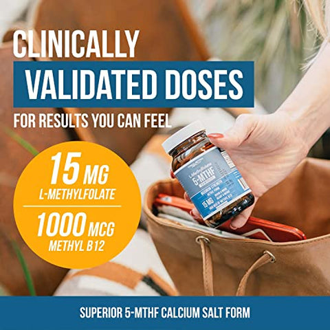 Triquetra Health - L Methyl Folate 15mg + Methyl B12 Cofator – Força Profissional, Forma Ativa 5-MTHF – Suporte para Humor, Metilação, Cognição – Formas Bioativas de Vitamina B9