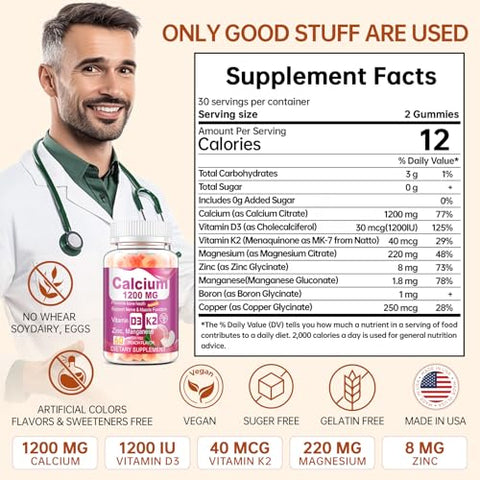 bravelf - Gomas de Vitamina D3 K2 Citrato de Cálcio 1200mg, Zinco, Magnésio, Boro, Cobre para Suporte Ósseo e Imunológico – Goma de Vitamina K2 sem Açúcar (2)