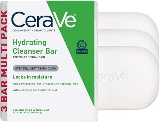 Barra de Limpeza Hidratante | Sabonete Corporal e Facial sem Sabão com 5%% de Creme Hidratante | Sem Fragrância | Kit com 3 Unidades, 130g Cada - CeraVe