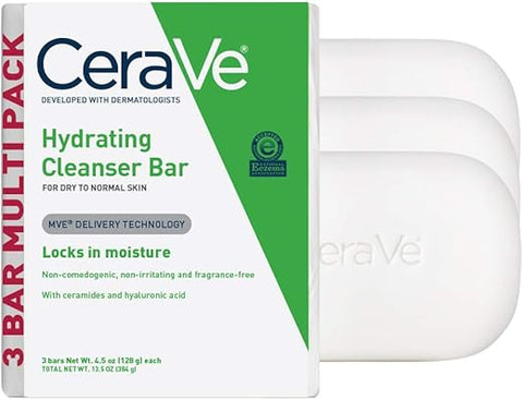 Barra de Limpeza Hidratante | Sabonete Corporal e Facial sem Sabão com 5%% de Creme Hidratante | Sem Fragrância | Kit com 3 Unidades, 130g Cada - CeraVe