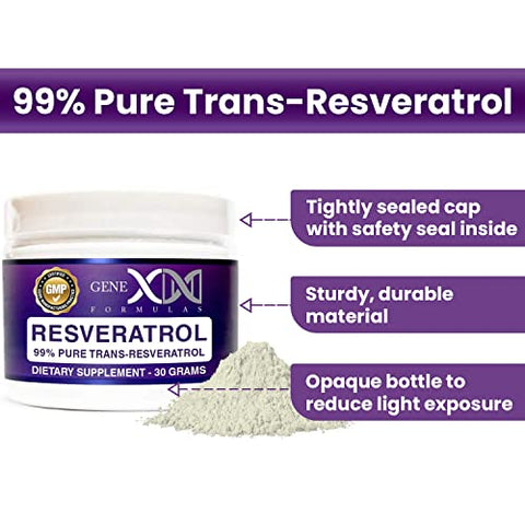 Genex Formulas - GENEX Trans Resveratrol 1000mg Pó Trans-Resveratrol Puro Micronizado Grau Farmacêutico 99% 30 Porções ou 30g 1g por Dia Suprimento de 30 Dias Fabricado em GMP