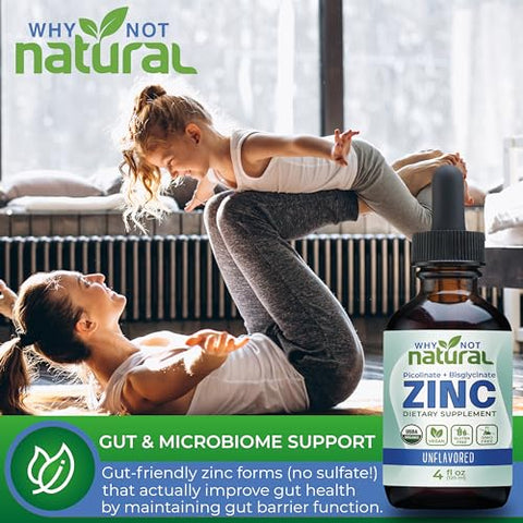 Why Not Natural - Suplemento Líquido de Zinco Orgânico em Gotas com Picolinato e Bisglicinato de Zinco 118 ml, Certificado Orgânico pelo USDA, Sem Glúten, Vegano e Livre de Transgênicos (Sem Sabor)