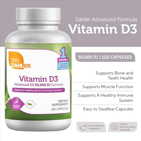 Vitamina D3 Avançada 50000 UI Softgels (120 Unidades) Kosher Vegetariano – Suporte Imunológico, Ossos, Dentes - Zahler