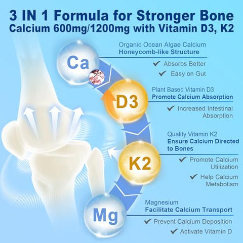 Nextdia - Suplemento de Cálcio à Base de Plantas 1200mg 600mg com D3, Cálcio de Algas Oceânicas com Vitamina D3, K2, Magnésio para Fortalecimento Ósseo, Saúde Dental