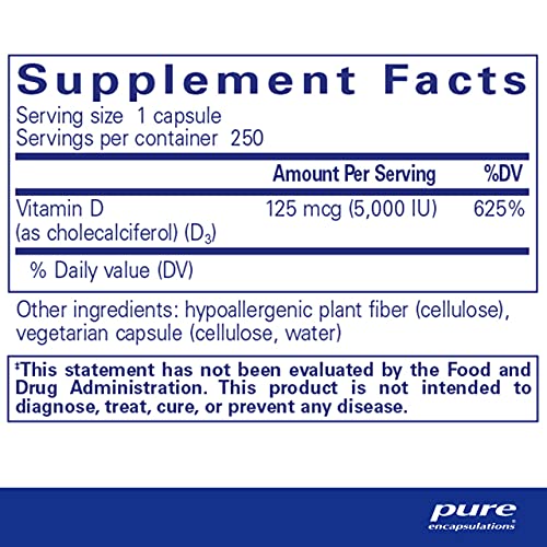Vitamina D3 Pure Encapsulations 125 mcg (5.000 UI) – Suporte para Saúde Óssea, Articular, Mamária, Cardíaca, Colônica e Imunológica* – com Vitamina D – 250 Cápsulas