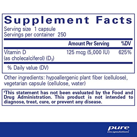 Vitamina D3 Pure Encapsulations 125 mcg (5.000 UI) – Suporte para Saúde Óssea, Articular, Mamária, Cardíaca, Colônica e Imunológica* – com Vitamina D – 250 Cápsulas
