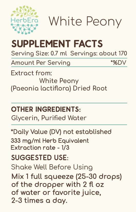 HerbEra - White Peony B120 Extrato Herbal Sem Álcool, Gotas Líquidas Concentradas Naturais de Raiz Seca de Peônia Branca (Paeonia Lactiflora) (120 ml)