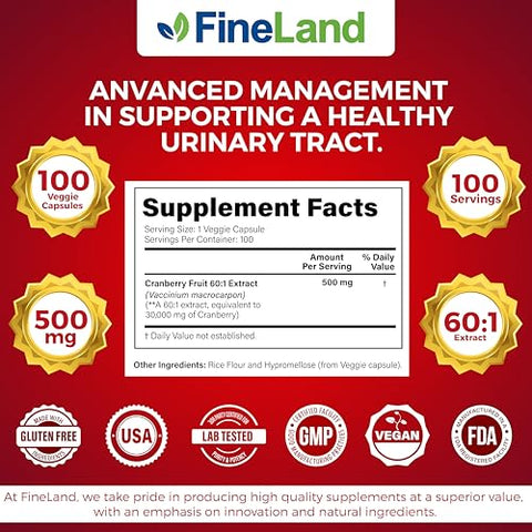 Extrato de Cranberry FineLand 60:1, Força Máxima 30.000 mg Equivalente por Cápsula de Cranberry, 100 Cápsulas Vegetais, Suprimento de 3 Meses, 100% Vegano, Natural