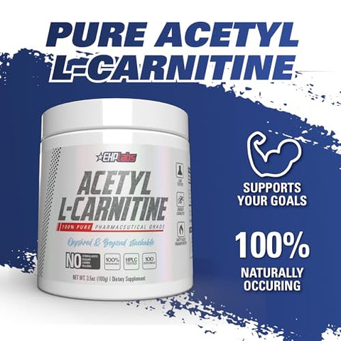 Acetyl L Carnitine em Pó – Energia Natural, Função Cerebral Saudável, Saúde do Coração – Vegano, Sem Glúten, Não Transgênico – 100 Porções - EHP Labs