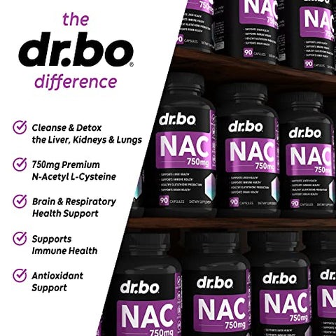 DR. BO - Suplemento NAC Cápsulas de N-Acetil Cisteína – 750mg Cápsula de Vitamina Pura de N-Acetil Cisteína – Fórmula Diária de Suporte ao Fígado para Limpeza Pulmonar, Desintoxicação Renal, Cérebro