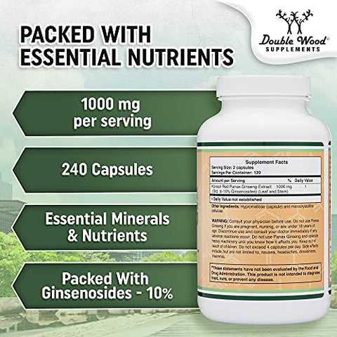 Double Wood Supplements - Cápsulas de Ginseng (Extrato de Ginseng Vermelho Coreano, Panax Ginseng 10%% Ginsenosides) (Fornecimento de 4 Meses) 240 Cápsulas Veganas – 1.000mg por Porção para Humor, Função Cognitiva e Energia