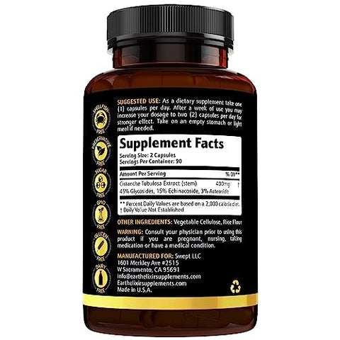 Earth Elixir - Cistanche Tubulosa 400 mg (180 Cápsulas) – Suplemento de Cistanche de Pureza Máxima – Vegano – Testado por Terceiros – Fabricado nos EUA – Fornecimento de 3 Meses