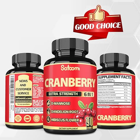6 em 1 Cápsulas de Cranberry para Mulheres – Fornecimento de 3 Meses – Extrato de 6 Ingredientes Herbais – 90 Cápsulas Vegetais - Satoomi