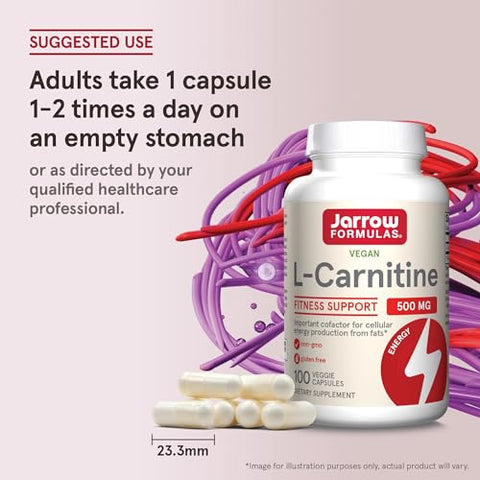 L-Carnitina 500 mg, Suplemento Alimentar, Suporte para Produção de Energia Celular, 100 Cápsulas Vegetais, Fornecimento de 100 Dias - Jarrow Formulas