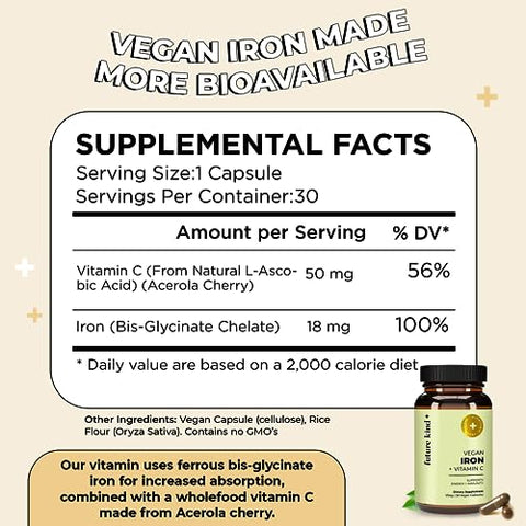 Vegan Iron Supplement with Vitamin C (30 Cápsulas de Ferro) em Frasco de Vidro – Suplemento de Ferro Vegano com Vitamina C para Energia e Concentração - Future Kind