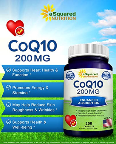 CoQ10 (200 Cápsulas e 200mg) – Pó de CO Q-10 Vegano de Alta Absorção – Suplemento de Enzima Ubiquinona em Pílulas, Coenzima Q10 Antioxidante Extra, Vitamina Coq 10 - aSquared Nutrition
