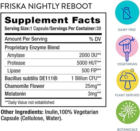 FR!SKA - FRISKA Nightly Reboot – Suplemento Enzimático e Probiótico para Melhor Digestão e Sono – Apoia a Saúde Intestinal para Homens e Mulheres – Melatonina, Camomila, 90 Cápsulas