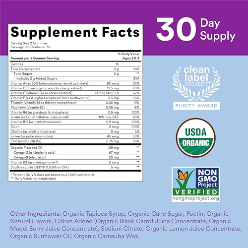 Gomas Multivitamínicas Orgânicas para Crianças: Probióticos, Ômega 3 (ALA), Vitamina D3, C, Vitamina B12, B6, Vitamina A, K - SmartyPants