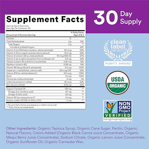 Gomas Multivitamínicas Orgânicas para Crianças: Probióticos, Ômega 3 (ALA), Vitamina D3, C, Vitamina B12, B6, Vitamina A, K - SmartyPants