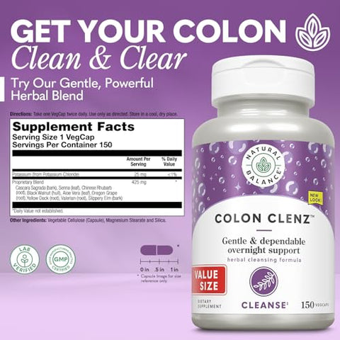 Colon Clenz | Suplemento Herbal para Limpeza do Cólon, Desintoxicação e Saúde Digestiva – Fórmula Suave e Confiável para Uso Noturno – Garantia de 60 Dias – 150 Porções - Natural Balance