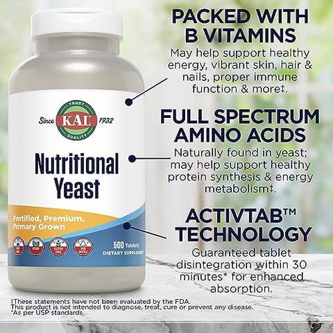 Suplemento de Levedura Nutricional Fortificado com B12, Biotina, Ácido Fólico e Outras Vitaminas do Complexo B, Aminoácidos Naturalmente Presentes, Cabelos e Pele Saudáveis - KAL