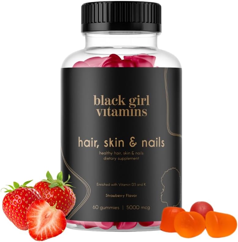 Black Girl Vitamins - Vitaminas para Cabelo, Pele e Unhas Black Girl – Biotina (6000 mcg), Zinco, Sem Gelatina, Vitamina A e Vitamina E – Livre de Glúten. Fabricado nos EUA (Sabor Morango, 60 unidades) 30 gummies
