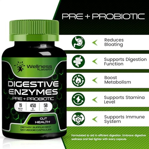 WELLNESS LABSRX - Enzimas Digestivas com Probióticos e Prebióticos – 450mg – 5 Bilhões de UFCs – Cápsulas de Super Enzimas Pura para Digestão – Enzimas Digestivas para Mulheres
