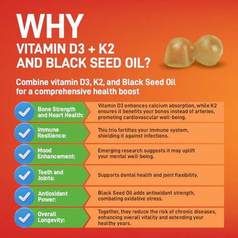 Sakoon nutrition - Sakoon Nutrition – Vitamina D3 K2 5000 UI com Óleo de Semente Negra para Suporte Ósseo, Dental, Muscular e Imunológico – 60 Gomas de Mascar