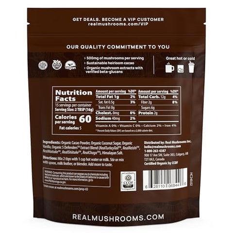 Mix de Chocolate Quente Orgânico com 5 Defensores (Cauda de Peru, Chaga, Maitake, Shiitake) | 100% Natural e Delicioso | 200g - Real Mushrooms