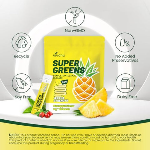 VivoNu - Natura – Pó Detox de Abacaxi para Limpeza do Cólon – Suporte Digestivo – Adoçante Natural – Sabores – Fibra Diária para Eliminação de Toxinas e Redução de Inchaço (15 Porções/1 Pacote)