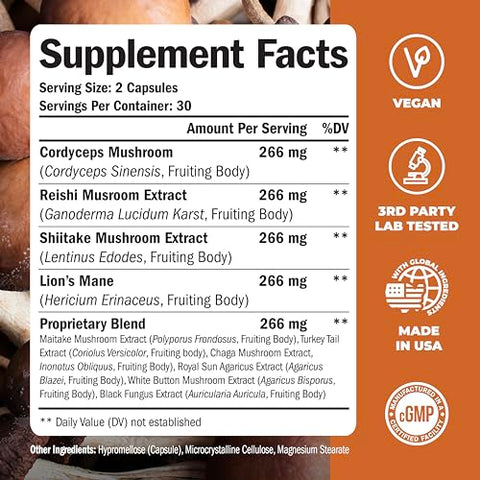 Suplemento em Pó 10 em 1 de Cogumelo – Pó de Cabeça de Leão, Cogumelo Reishi, Cordyceps, Chaga – 100g - Vimerson Health
