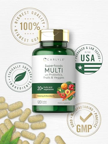Suplemento de Frutas e Vegetais | 120 Unidades | Multivitamínico Superfood com Probióticos | Feito com 20 Frutas e Vegetais | Não-OGM - Carlyle