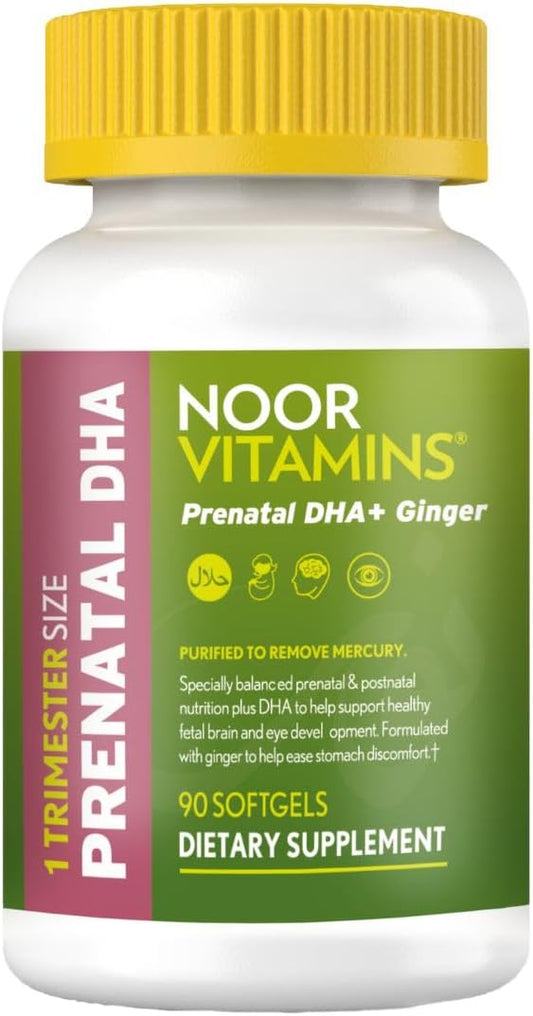Halal Prenatal Vitamins com DHA e Ácido Fólico, Vitaminas Essenciais, Gengibre para Aliviar o Estômago da Mamãe, Ferro, Cápsulas, Vitamina Pré/Durante/Pós Gravidez - Noor Vitamins