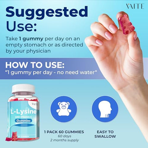 VAITE - Gomas de L-Lisina com Vitamina C – Saúde dos Tecidos para Adultos – Marca: Vitamins