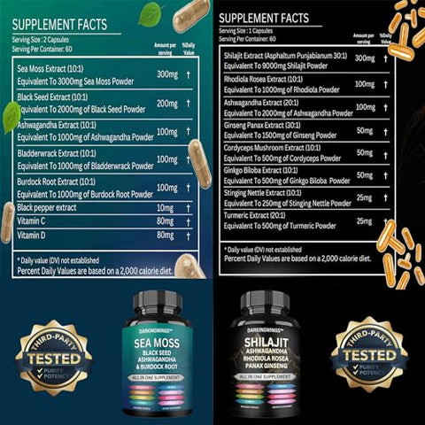 Darkingwings - Combo Shilajit e sea moss – Sea Moss 3000mg, Black Seed Oil 2000mg, Ashwagandha 2000mg, Shilajit 9000mg, Rhodiola Rosea 1000mg, Panax Ginseng 1500mg | sea moss e shilajit