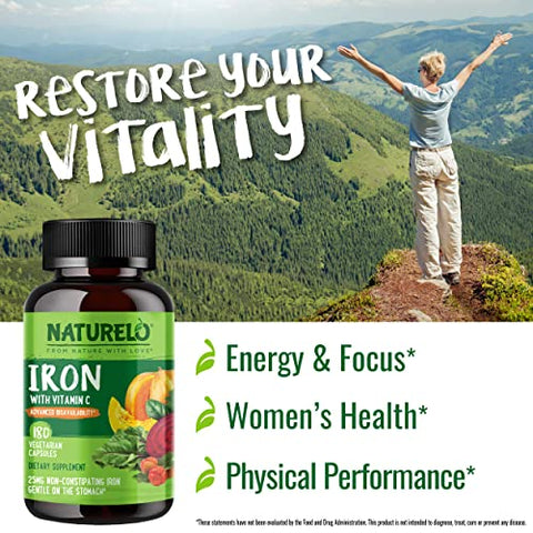 NATURELO - Suplemento de Ferro Vegano NATURELO com Vitamina C e Alimentos Orgânicos – Comprimidos de Ferro Suave para Mulheres